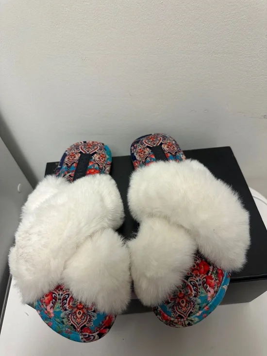 JOHNNY WAS INDIX SLIPPERS IN MULTI white Faux Fur Crossband Slide Slipper, Women - Picture 6 of 7